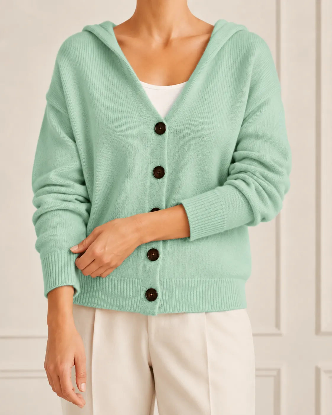 Hooded V-Neck Button Front Knit Cardigan