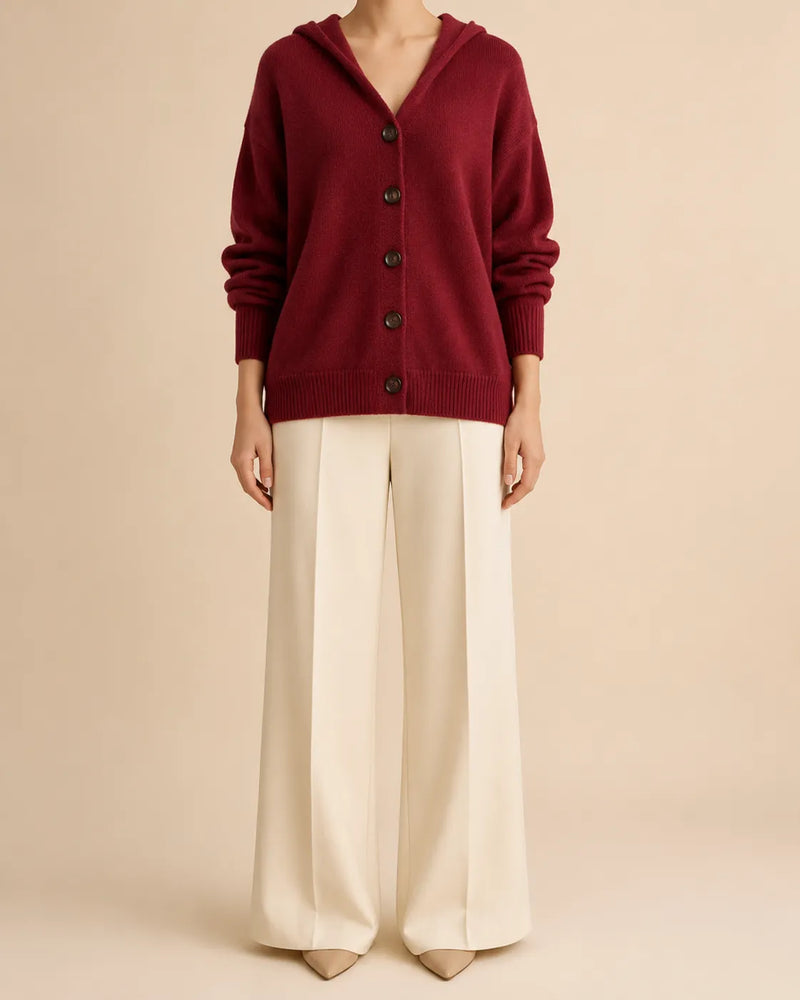 Hooded V-Neck Button Front Knit Cardigan