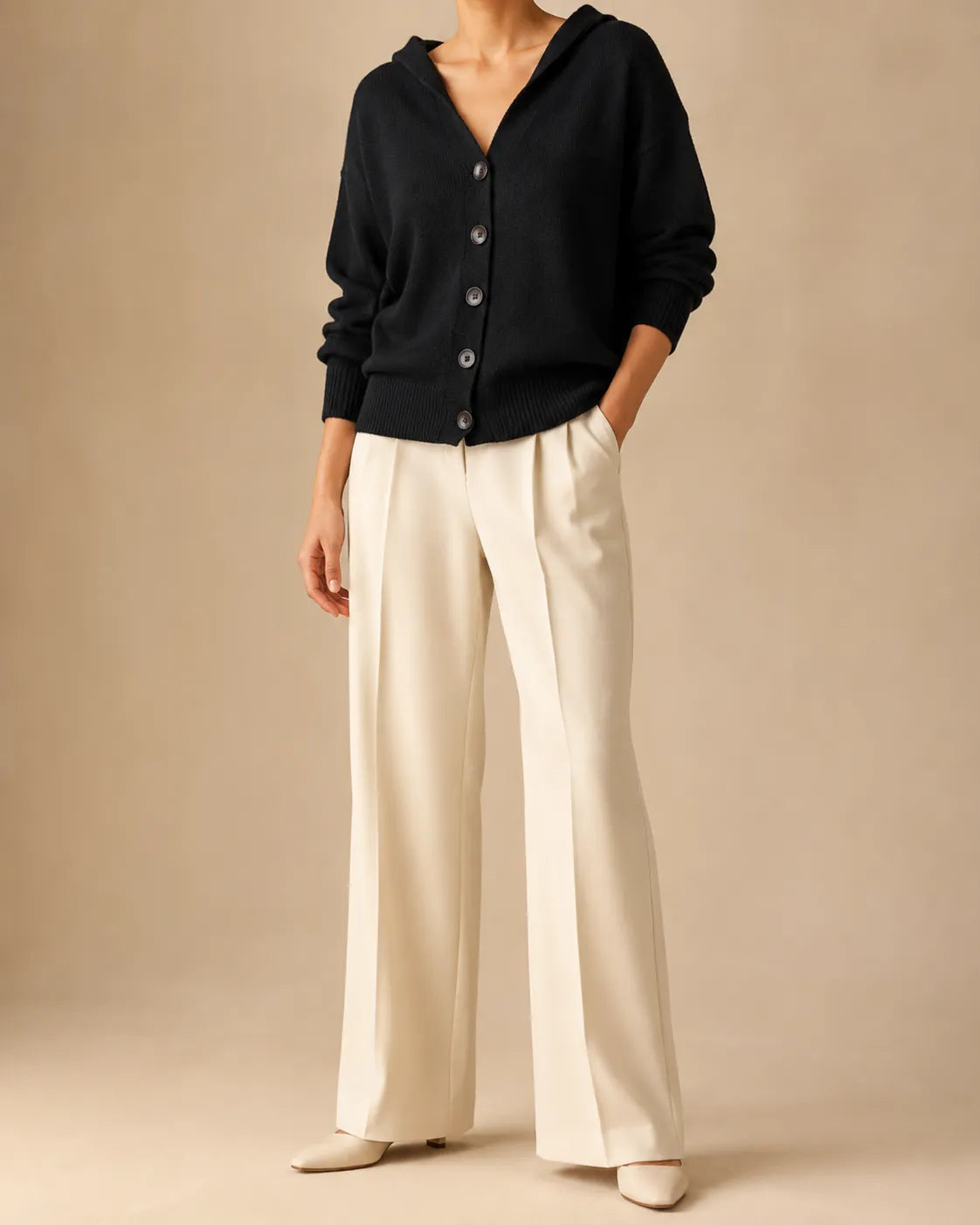 Hooded V-Neck Button Front Knit Cardigan