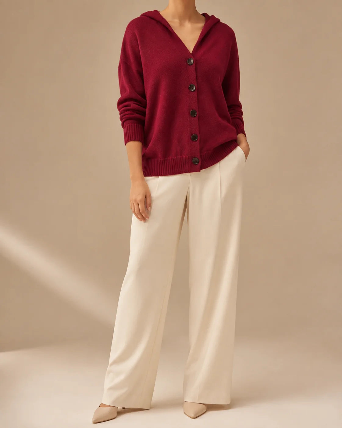 Hooded V-Neck Button Front Knit Cardigan