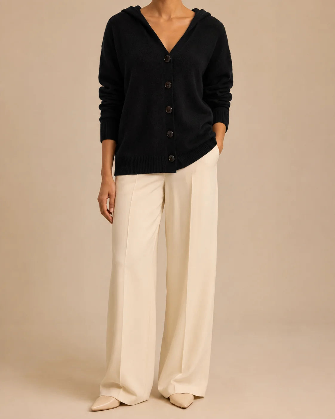 Hooded V-Neck Button Front Knit Cardigan