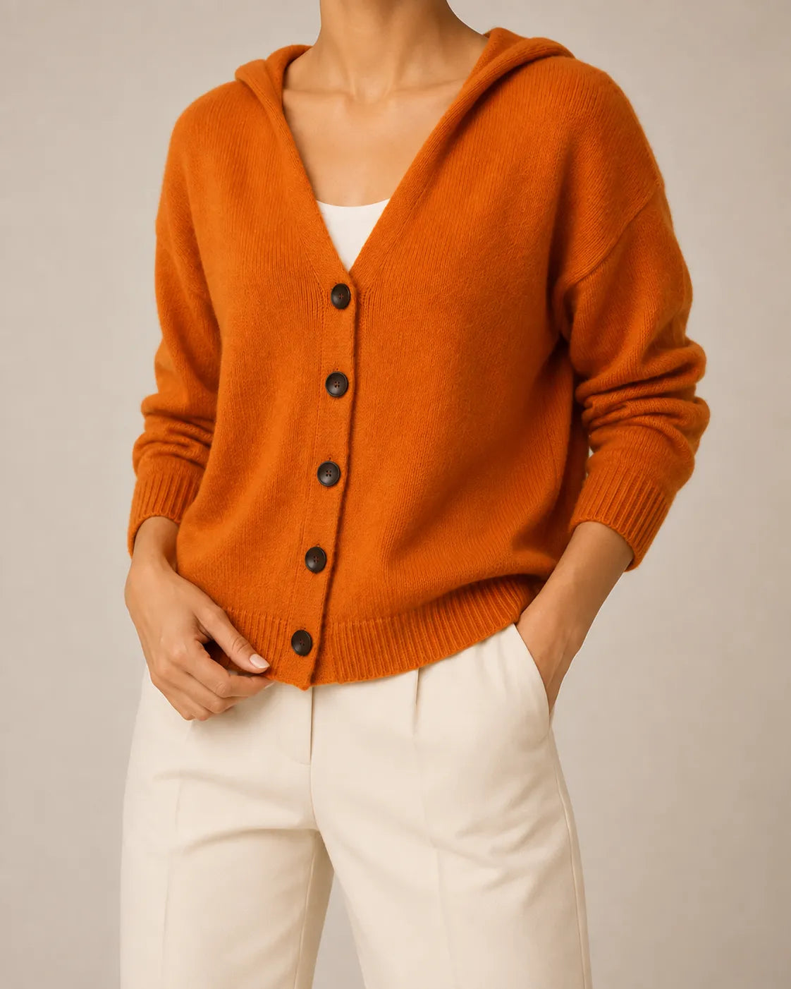 Hooded V-Neck Button Front Knit Cardigan