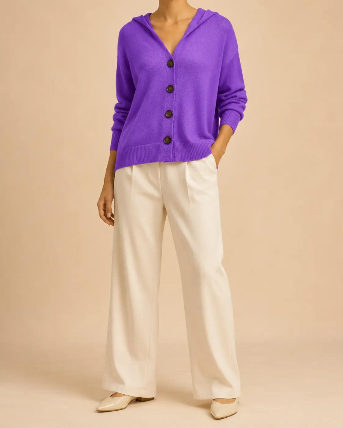 Hooded V-Neck Button Front Knit Cardigan