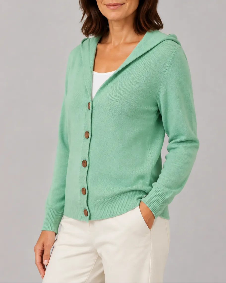 Hooded V-Neck Knit Cardigan with Button Front