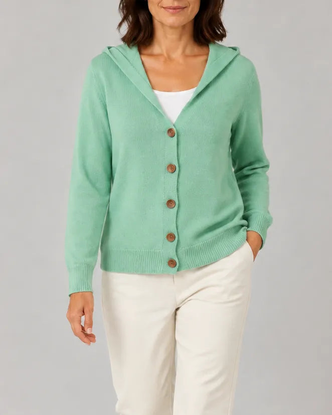 Hooded V-Neck Knit Cardigan with Button Front