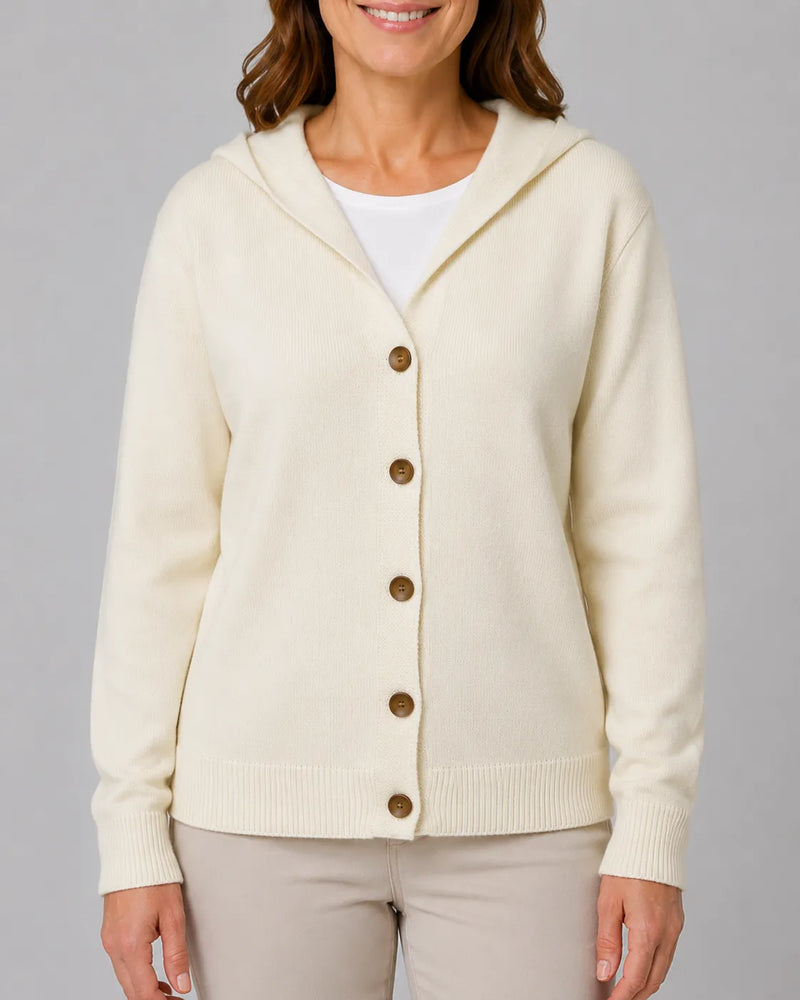 Hooded V-Neck Knit Cardigan with Button Front