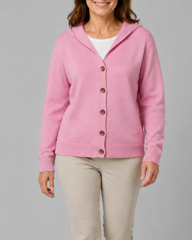 Hooded V-Neck Knit Cardigan with Button Front