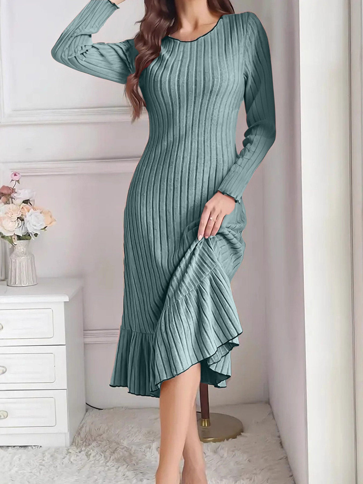 Women's Solid Long Sleeve Autumn Dress | Elegant Casual Midi Skirt