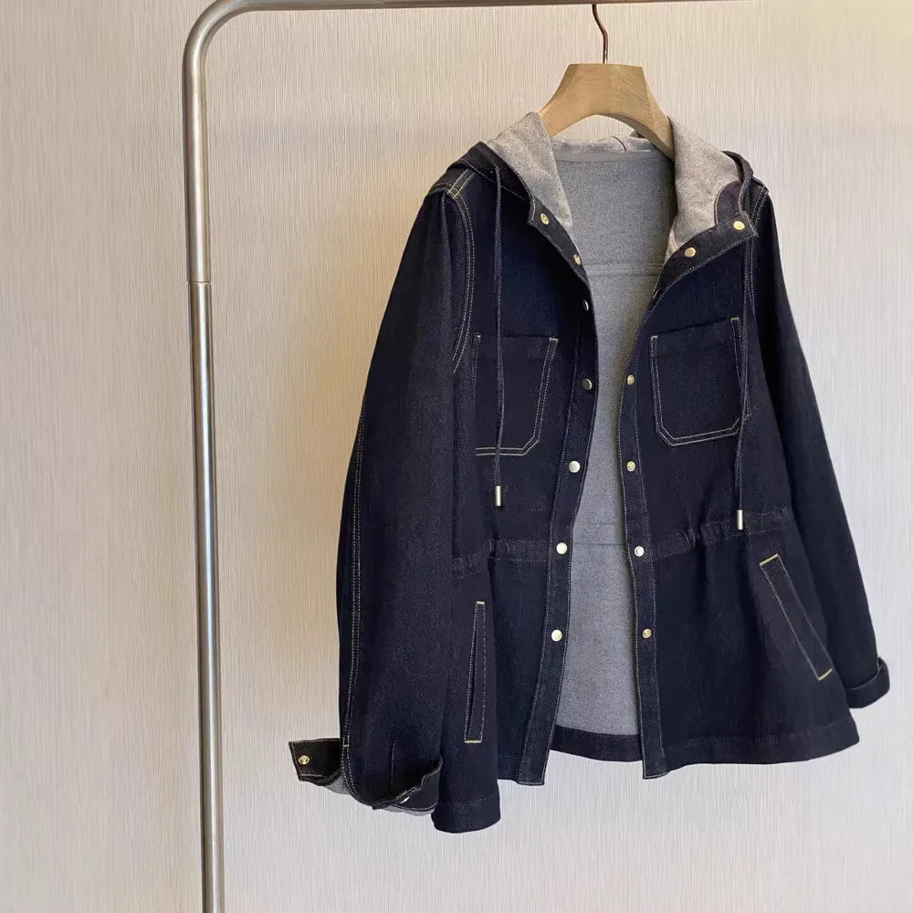 Indigo Drawstring Hooded Loose Denim Jacket Casual | Novaria Collection
