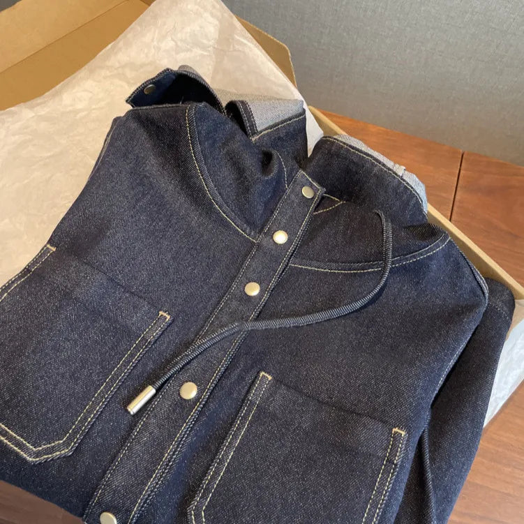 Indigo Drawstring Hooded Loose Denim Jacket Casual | Novaria Collection