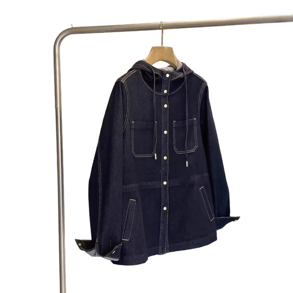 Indigo Drawstring Hooded Loose Denim Jacket Casual | Novaria Collection