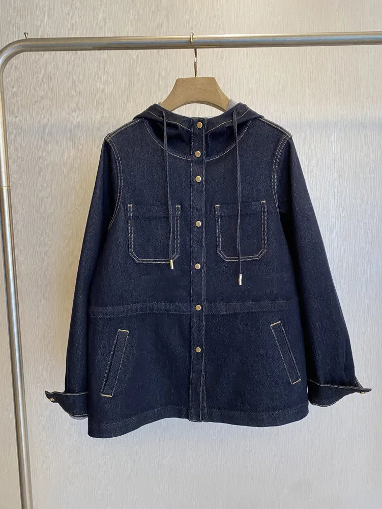 Indigo Drawstring Hooded Loose Denim Jacket Casual | Novaria Collection