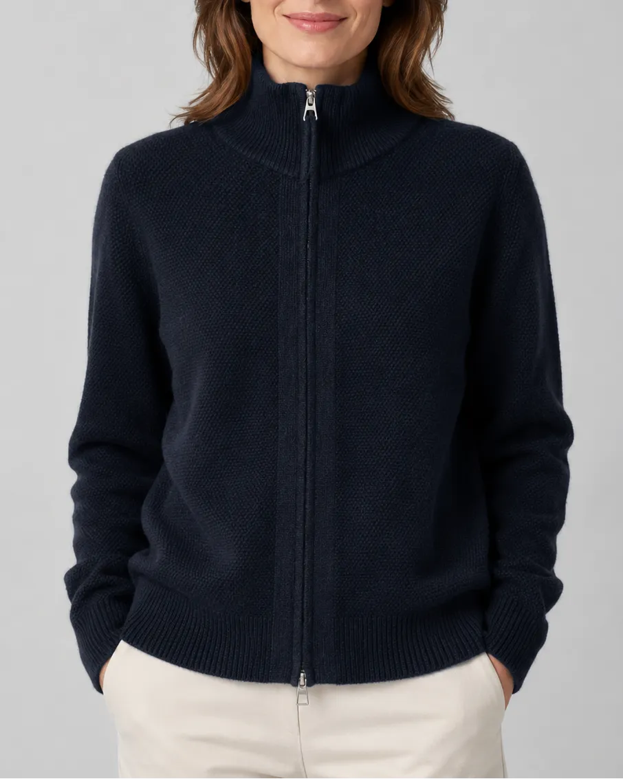 Knit Cardigan with Stand Collar and Zip Front