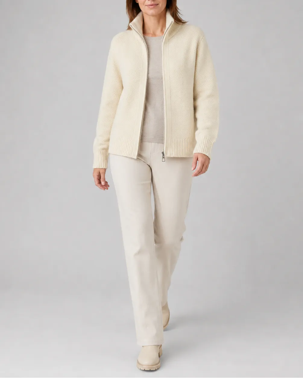 Knit Cardigan with Stand Collar and Zip Front