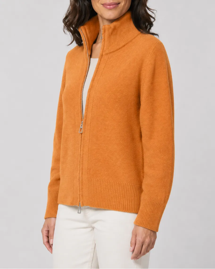 Knit Cardigan with Stand Collar and Zip Front
