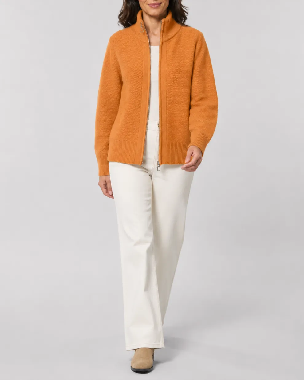 Knit Cardigan with Stand Collar and Zip Front
