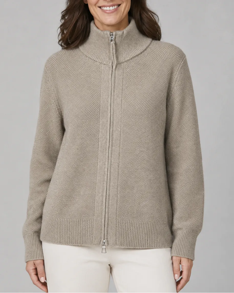 Knit Cardigan with Stand Collar and Zip Front