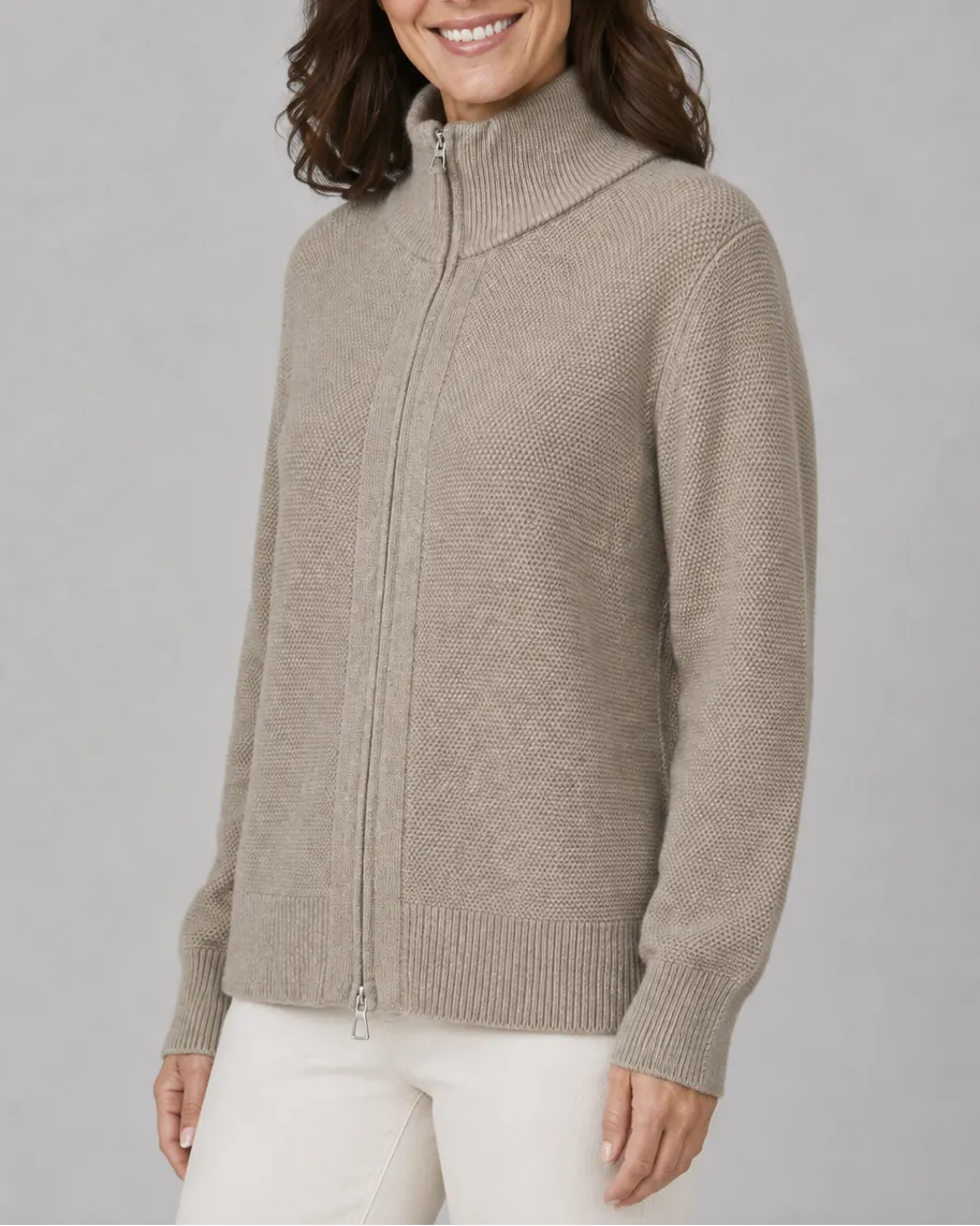 Knit Cardigan with Stand Collar and Zip Front