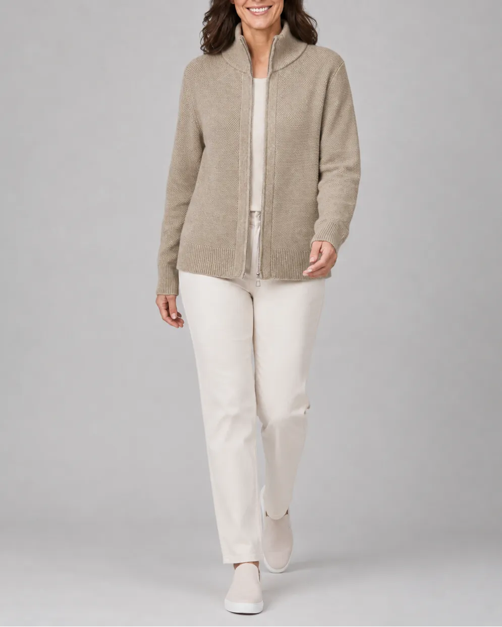 Knit Cardigan with Stand Collar and Zip Front