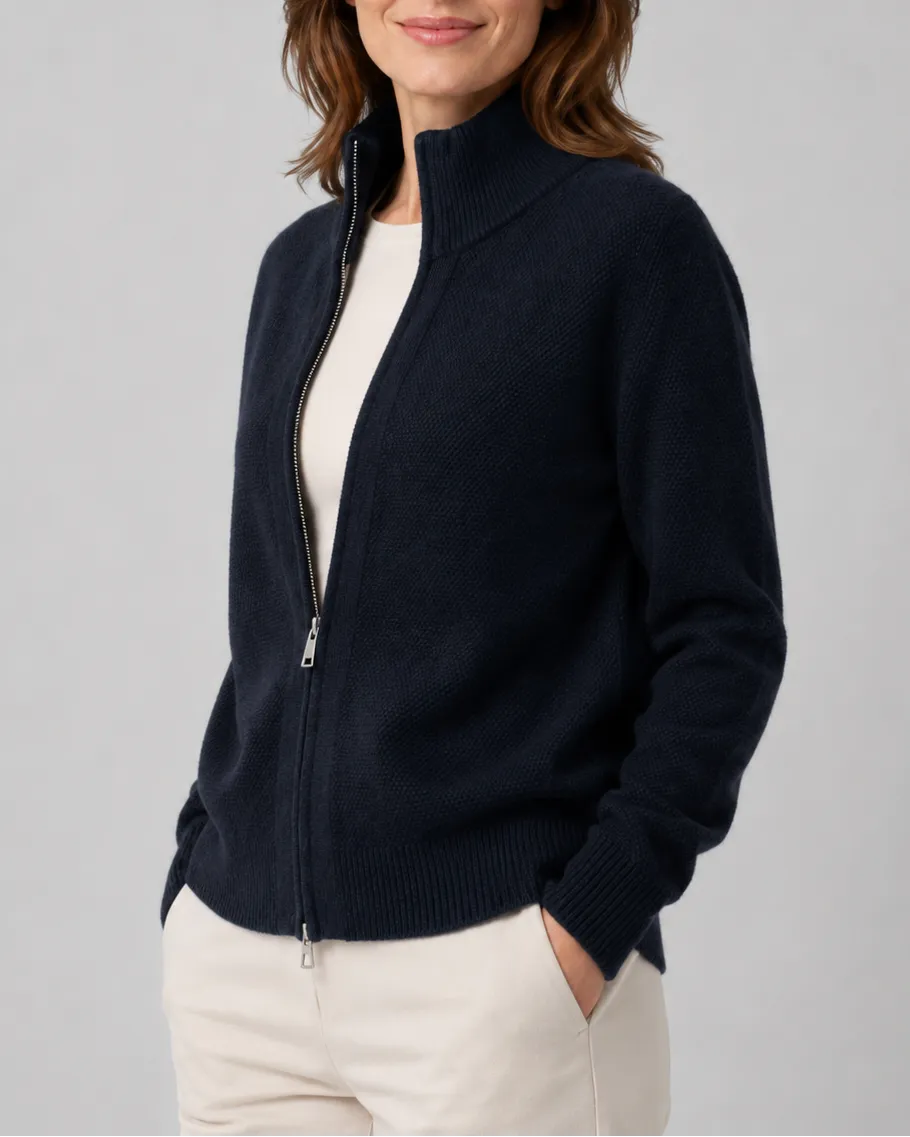 Knit Cardigan with Stand Collar and Zip Front