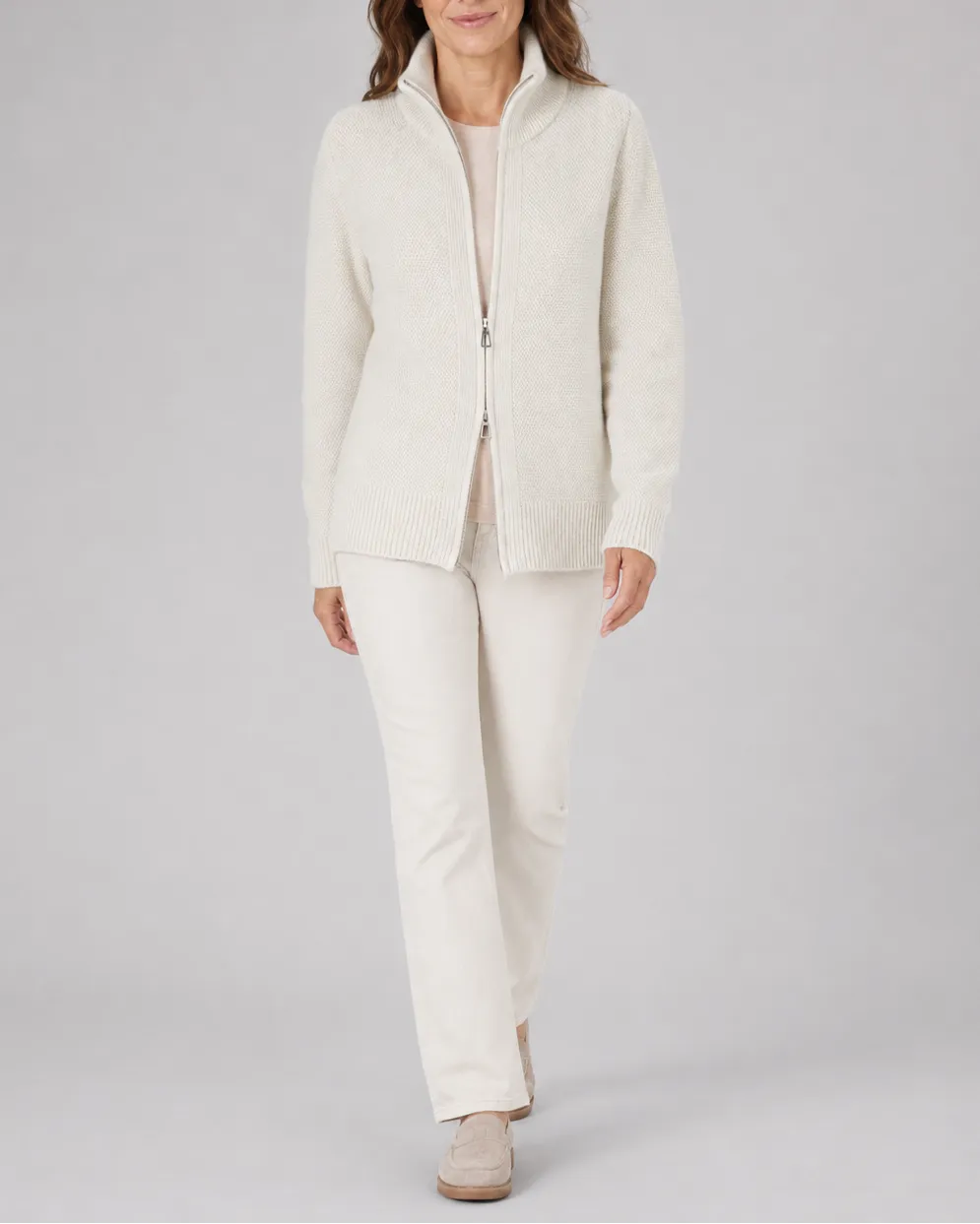 Knit Cardigan with Stand Collar and Zip Front