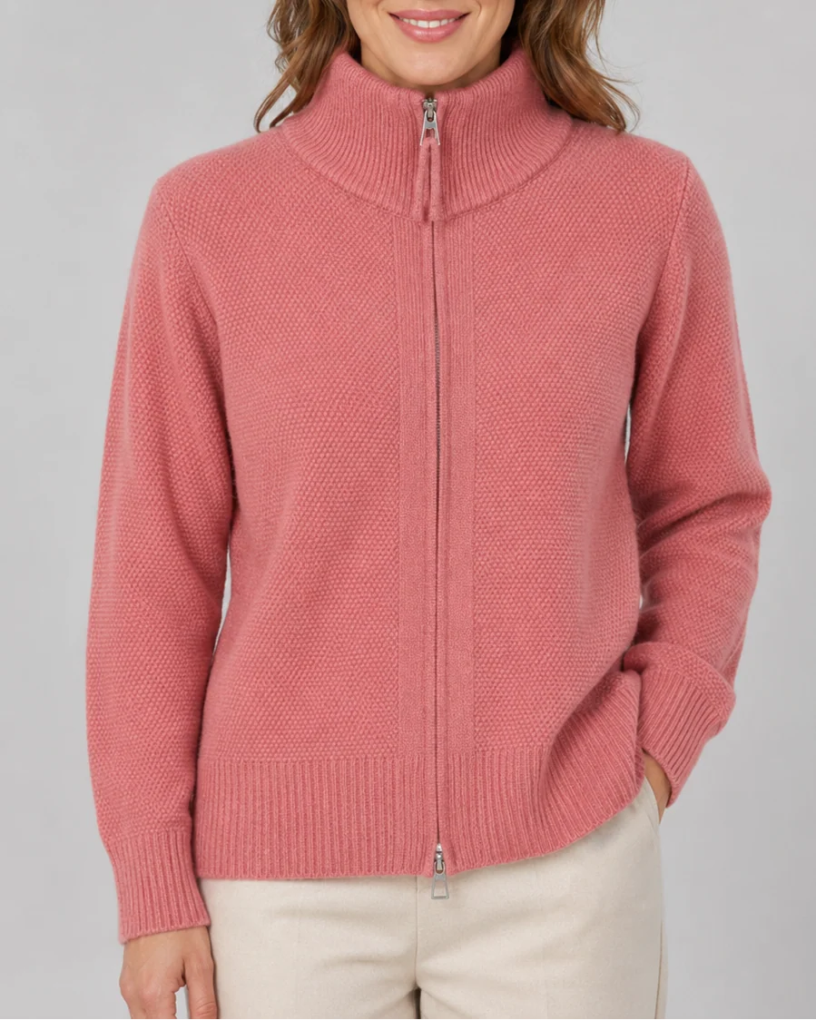 Knit Cardigan with Stand Collar and Zip Front