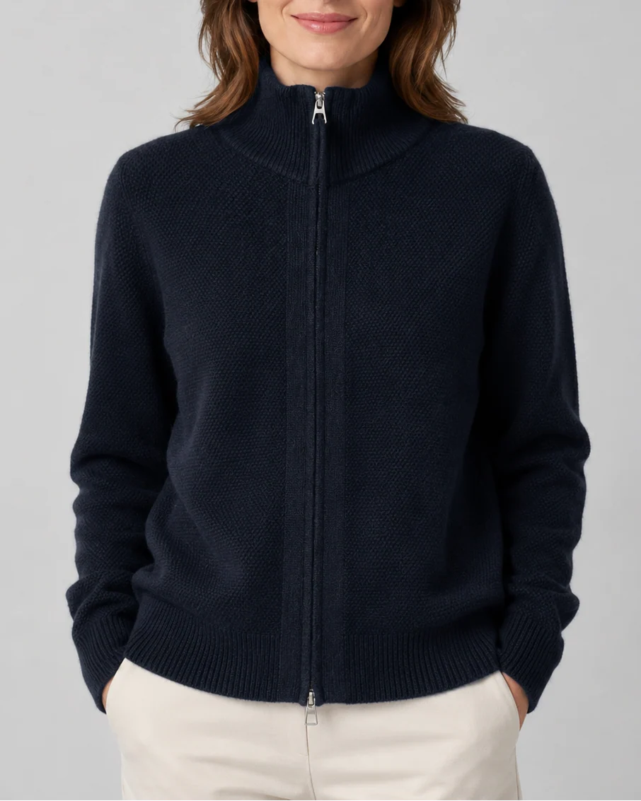 Knit Cardigan with Stand Collar and Zip Front