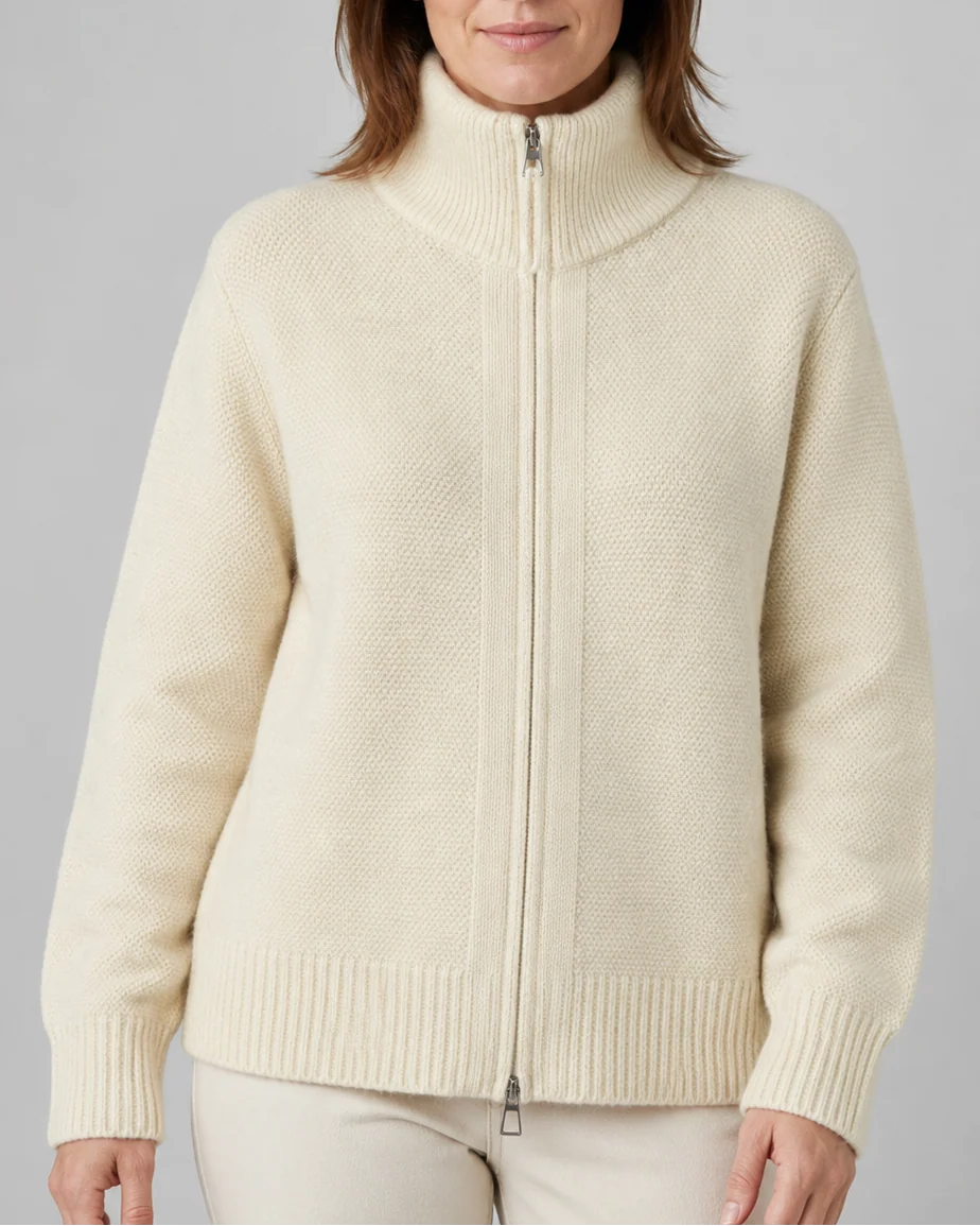 Knit Cardigan with Stand Collar and Zip Front