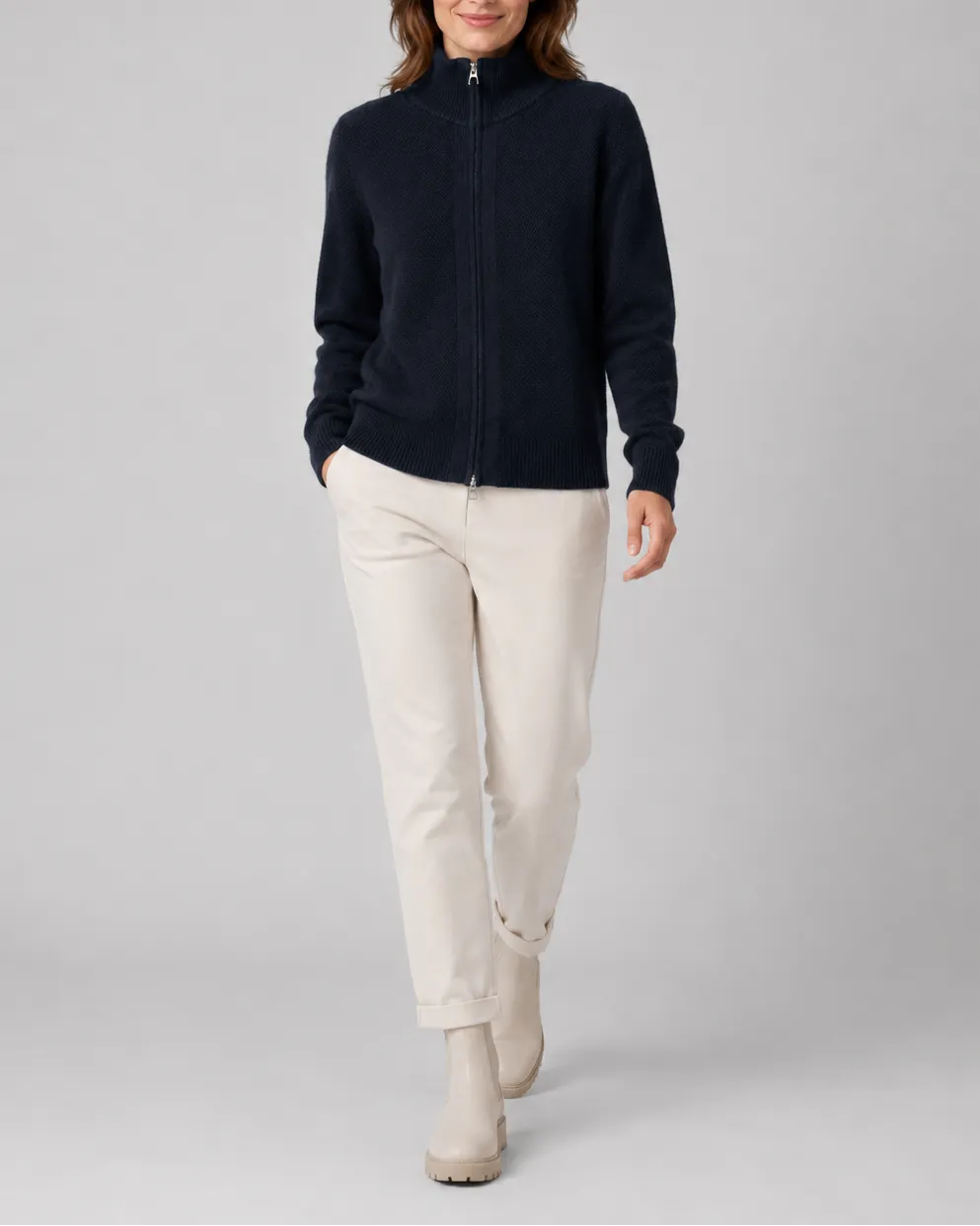 Knit Cardigan with Stand Collar and Zip Front