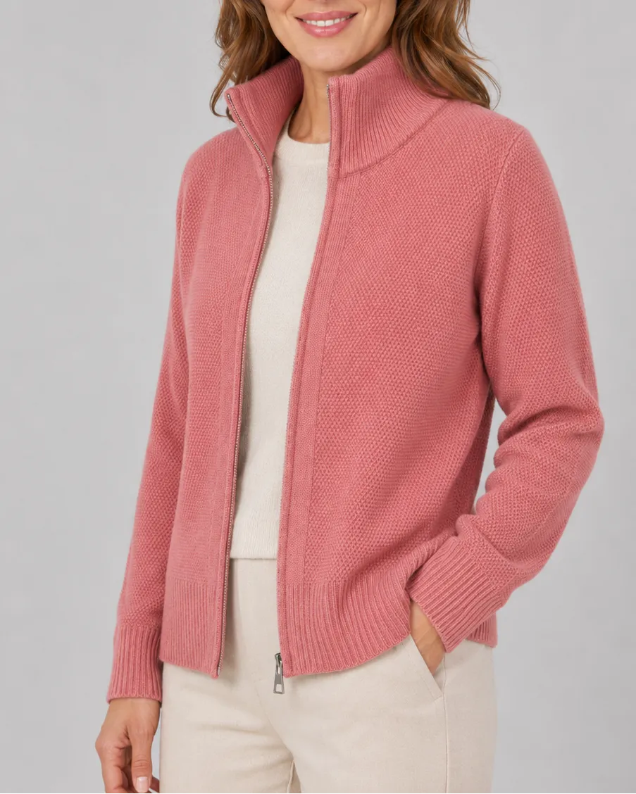 Knit Cardigan with Stand Collar and Zip Front