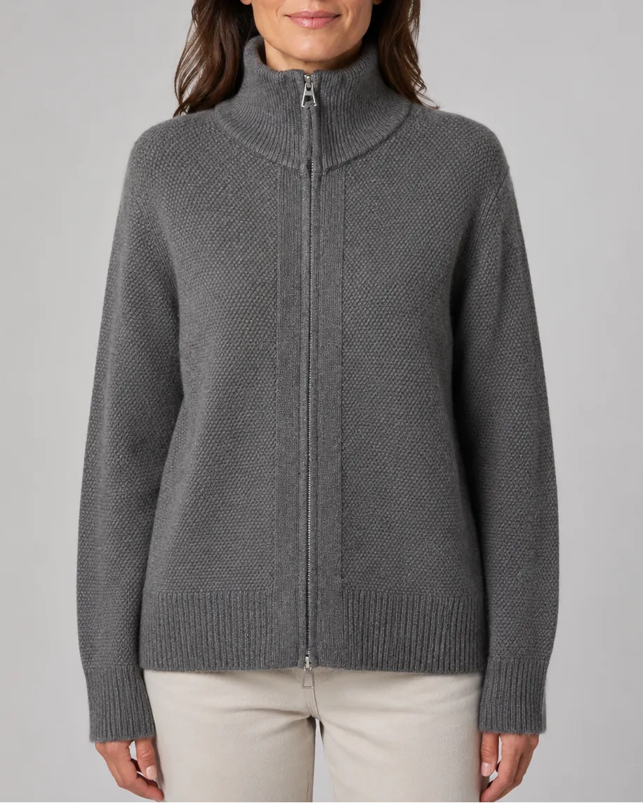 Knit Cardigan with Stand Collar and Zip Front