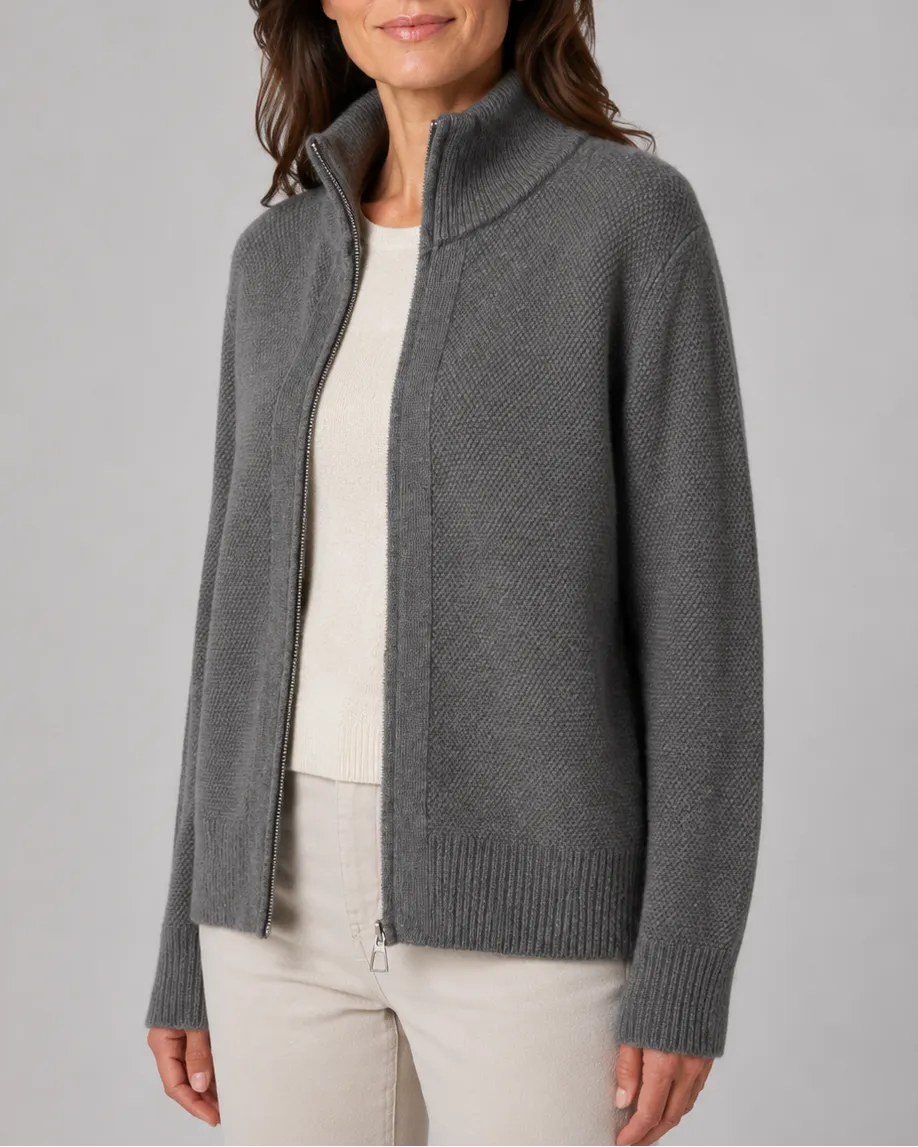 Knit Cardigan with Stand Collar and Zip Front