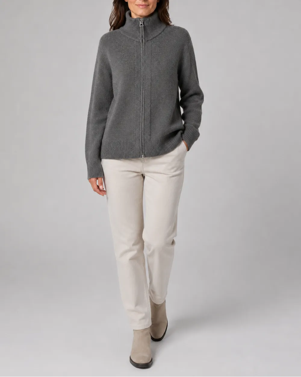 Knit Cardigan with Stand Collar and Zip Front