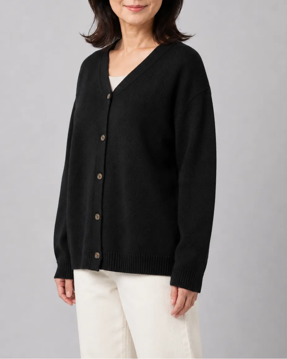 Knit Relaxed Cardigan with V-Neck and Button Front