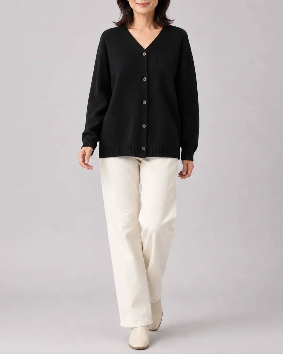 Knit Relaxed Cardigan with V-Neck and Button Front