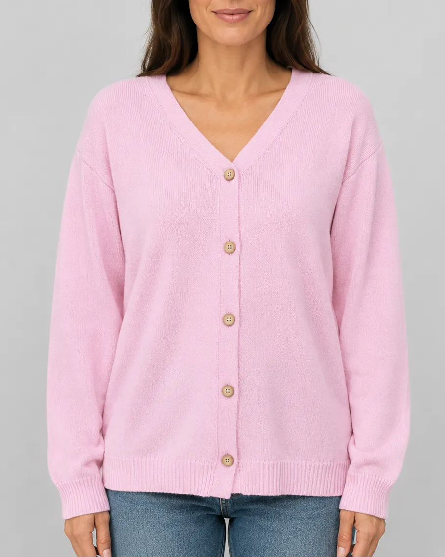 Knit Relaxed Cardigan with V-Neck and Button Front