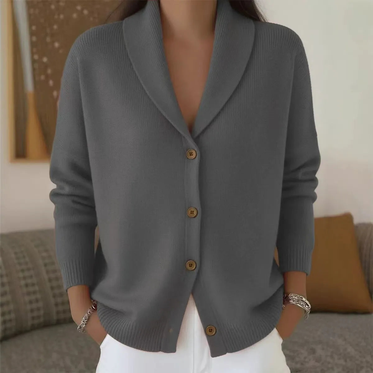 Knit Turn-Down Collar Button Front Cardigan Sweater