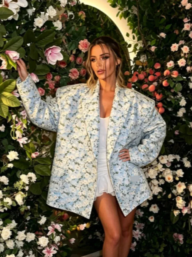 Light Blue Floral Printed Lapel Long Sleeve Loose Suit Jacket Streetwear | Fiora Collection