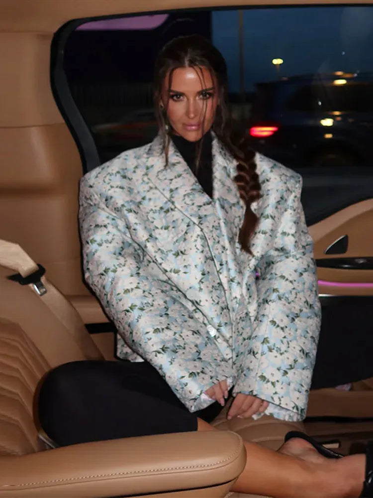 Light Blue Floral Printed Lapel Long Sleeve Loose Suit Jacket Streetwear | Fiora Collection