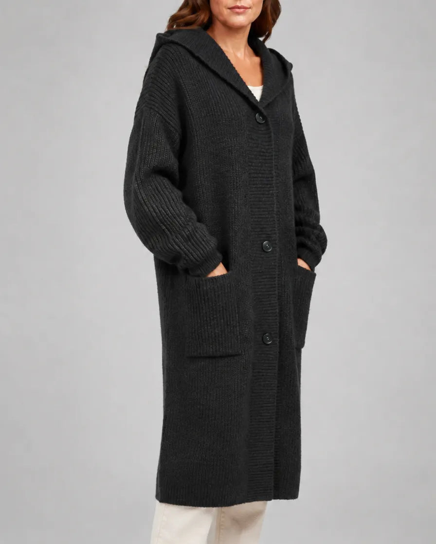 Longline V-Neck Knit Cardigan with Button Front and Pockets
