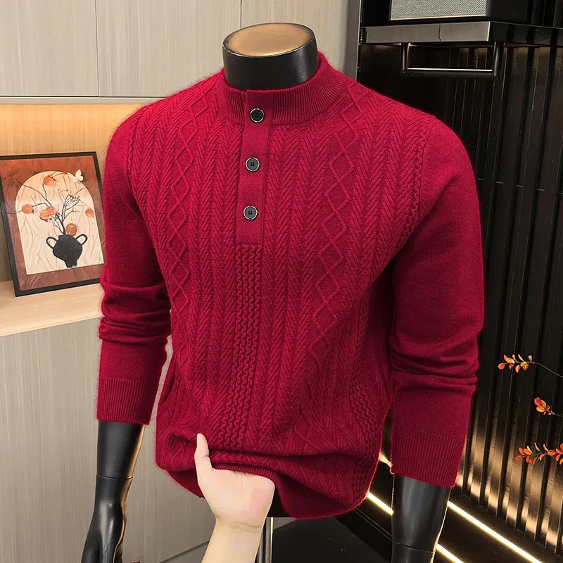 Men's Knit Henley Winter Sweater | Casual Warm Pullover