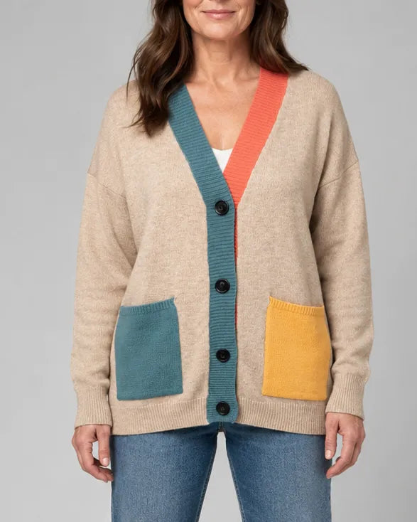 Oversized Colour Block Cardigan with Button Front and Pockets
