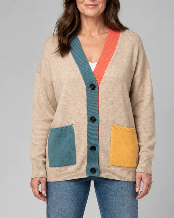 Oversized Colour Block Cardigan with Button Front and Pockets