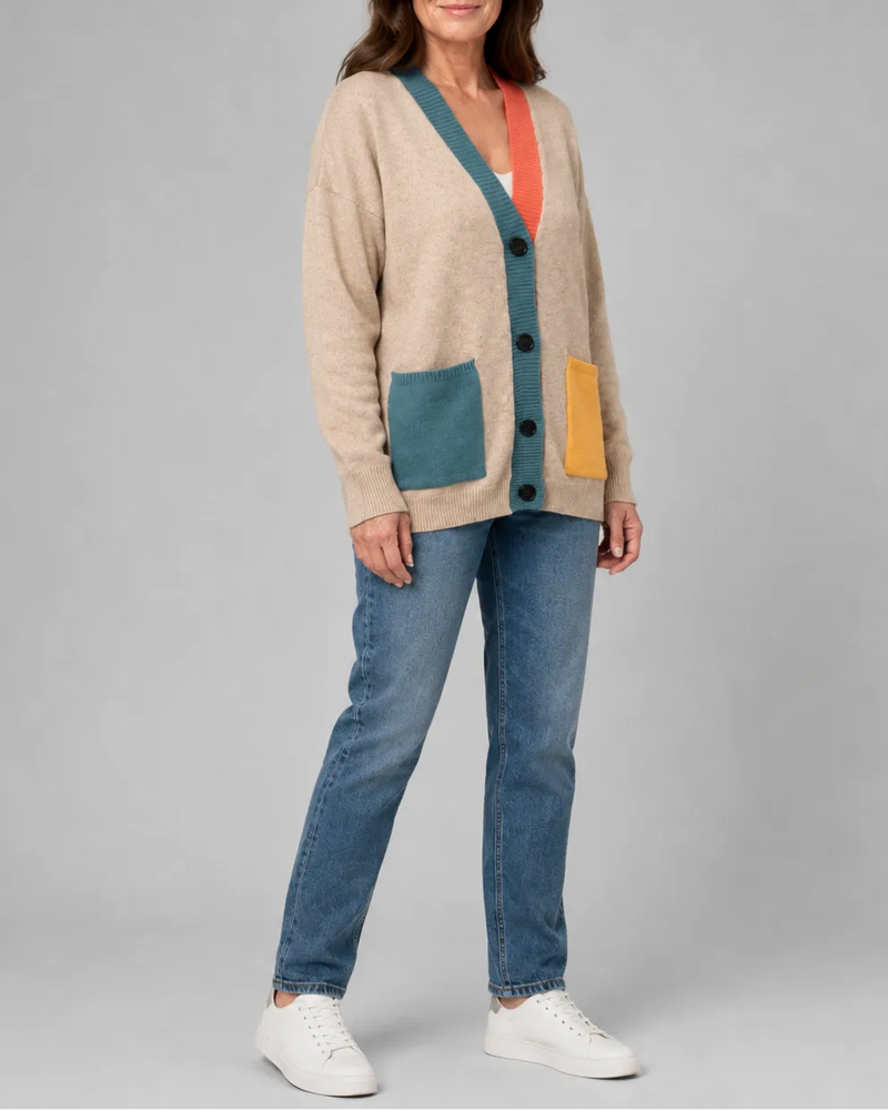 Oversized Colour Block Cardigan with Button Front and Pockets