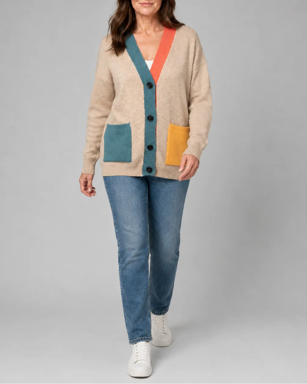 Oversized Colour Block Cardigan with Button Front and Pockets