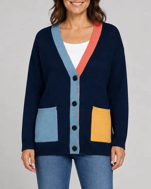 Oversized Colour Block Cardigan with Button Front and Pockets