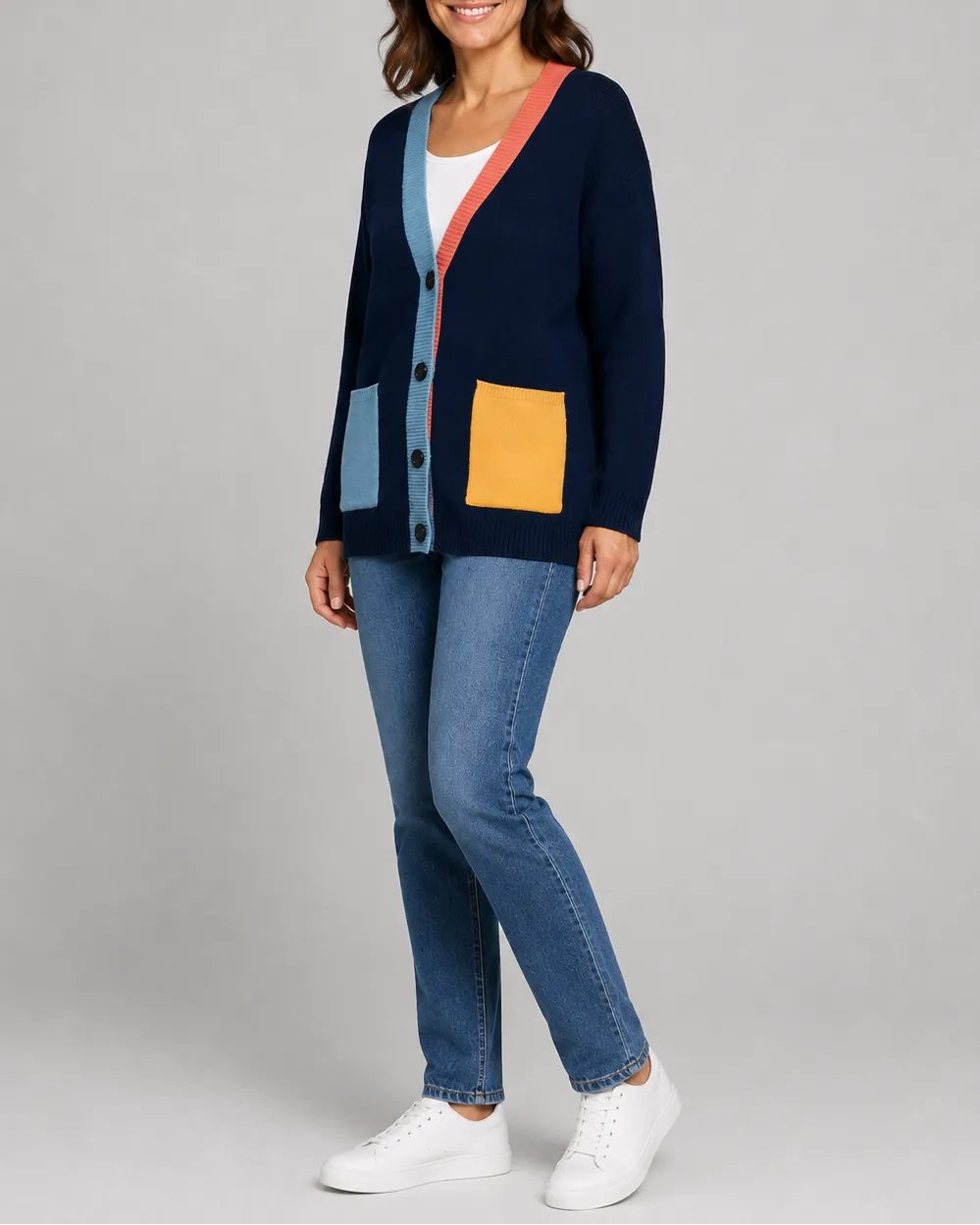 Oversized Colour Block Cardigan with Button Front and Pockets