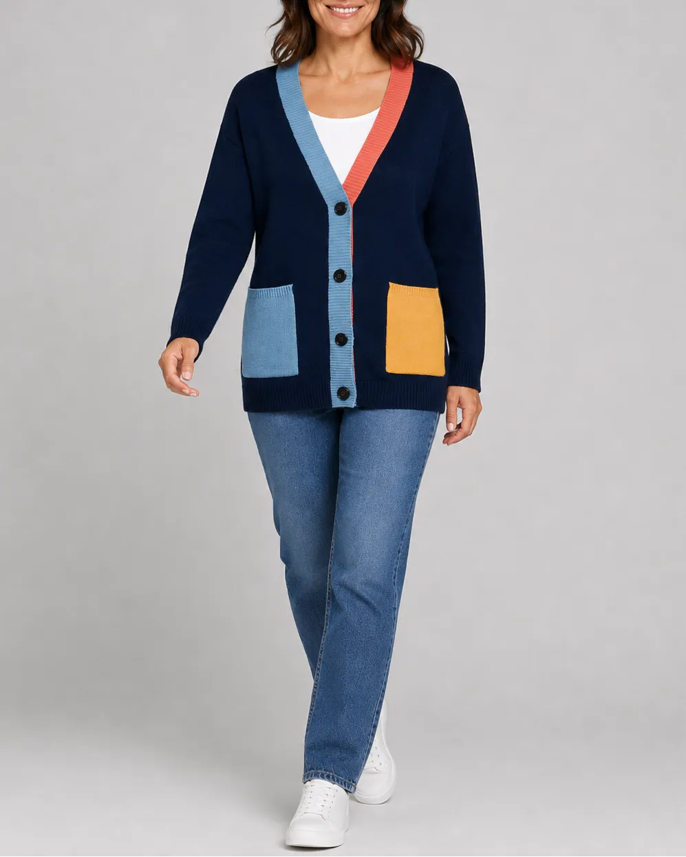 Oversized Colour Block Cardigan with Button Front and Pockets