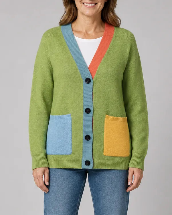 Oversized Colour Block Cardigan with Button Front and Pockets