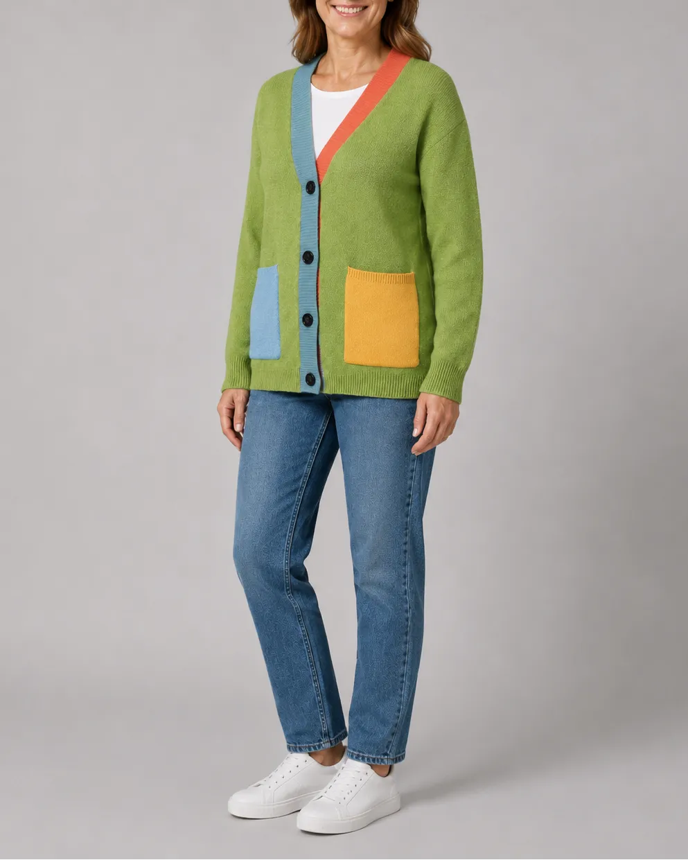 Oversized Colour Block Cardigan with Button Front and Pockets